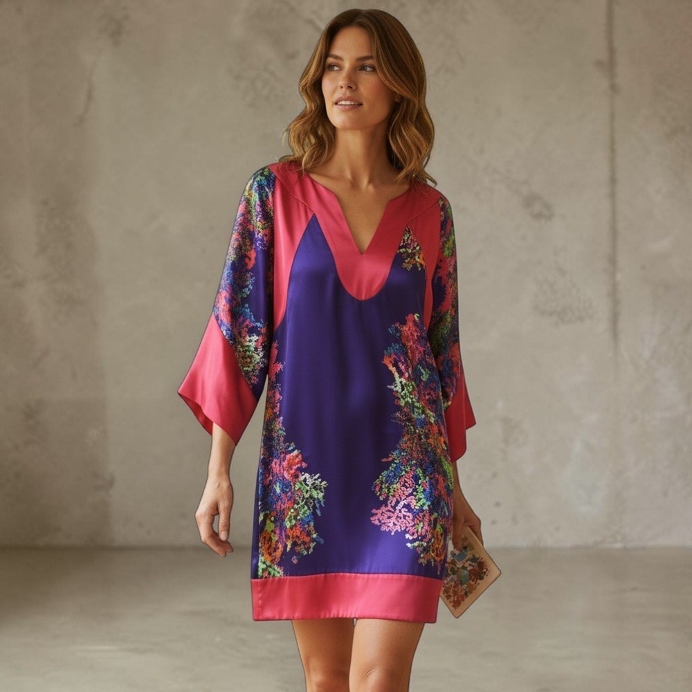 Halston Heritage Womens 100%‎ Silk Abstract Floral Tunic Dress 2 Purple Red Mini